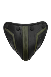 ARMY OF MEN Australian made black and army green leather codpiece with matte black snaps, viewed from the front.