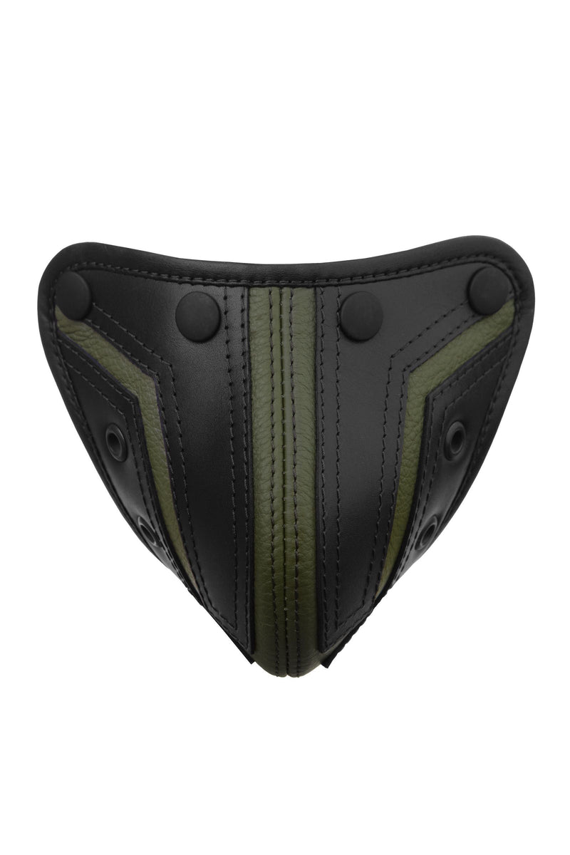 ARMY OF MEN Australian made black and army green leather codpiece with matte black snaps, viewed from the front.