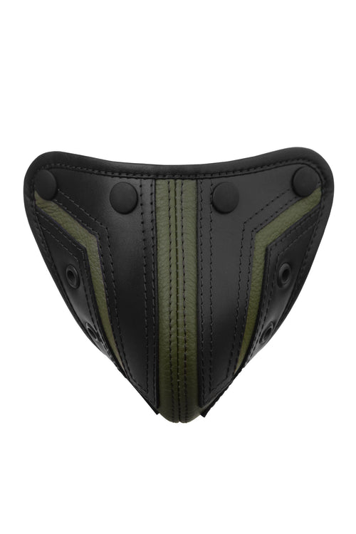 ARMY OF MEN Australian made black and army green leather codpiece with matte black snaps, viewed from the front.