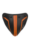 A handcrafted ARMY OF MEN black and orange leather jockstrap codpiece with matte black hardware, captured from the front.