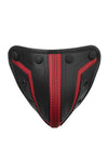 Front-on shot of an Australian made ARMY OF MEN COMBAT CODPIECE - Red with matte black eyelets.