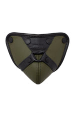 Black and army green leather codpiece with harness detail