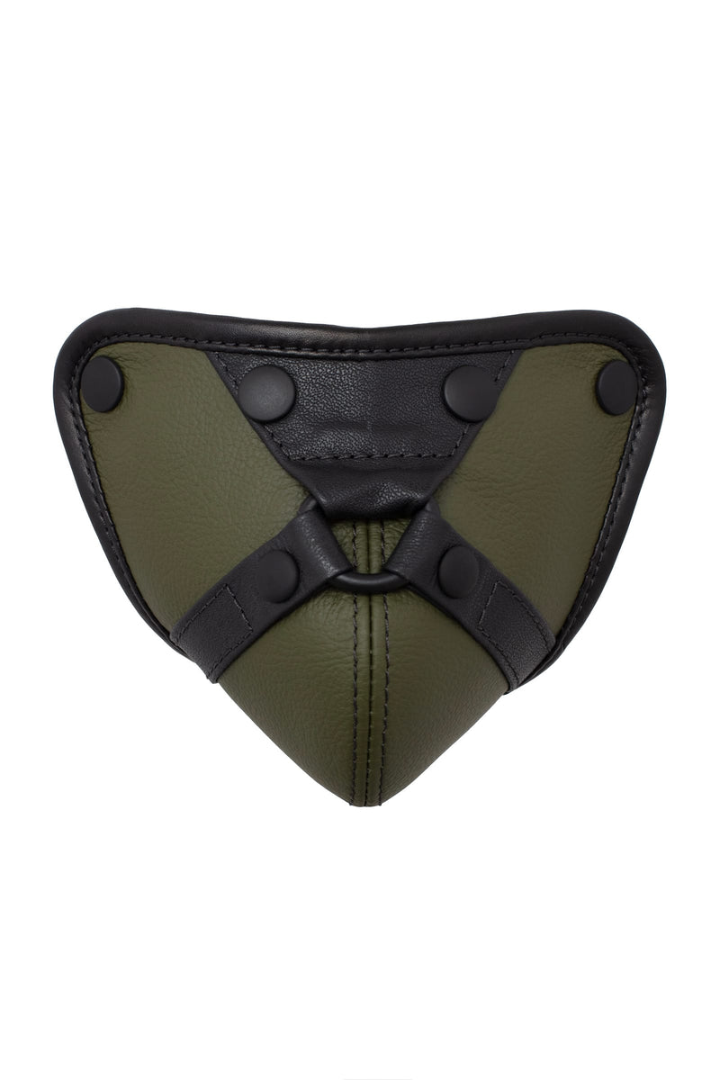 Black and army green leather codpiece with harness detail