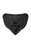 Front view of black codpiece with harness detail