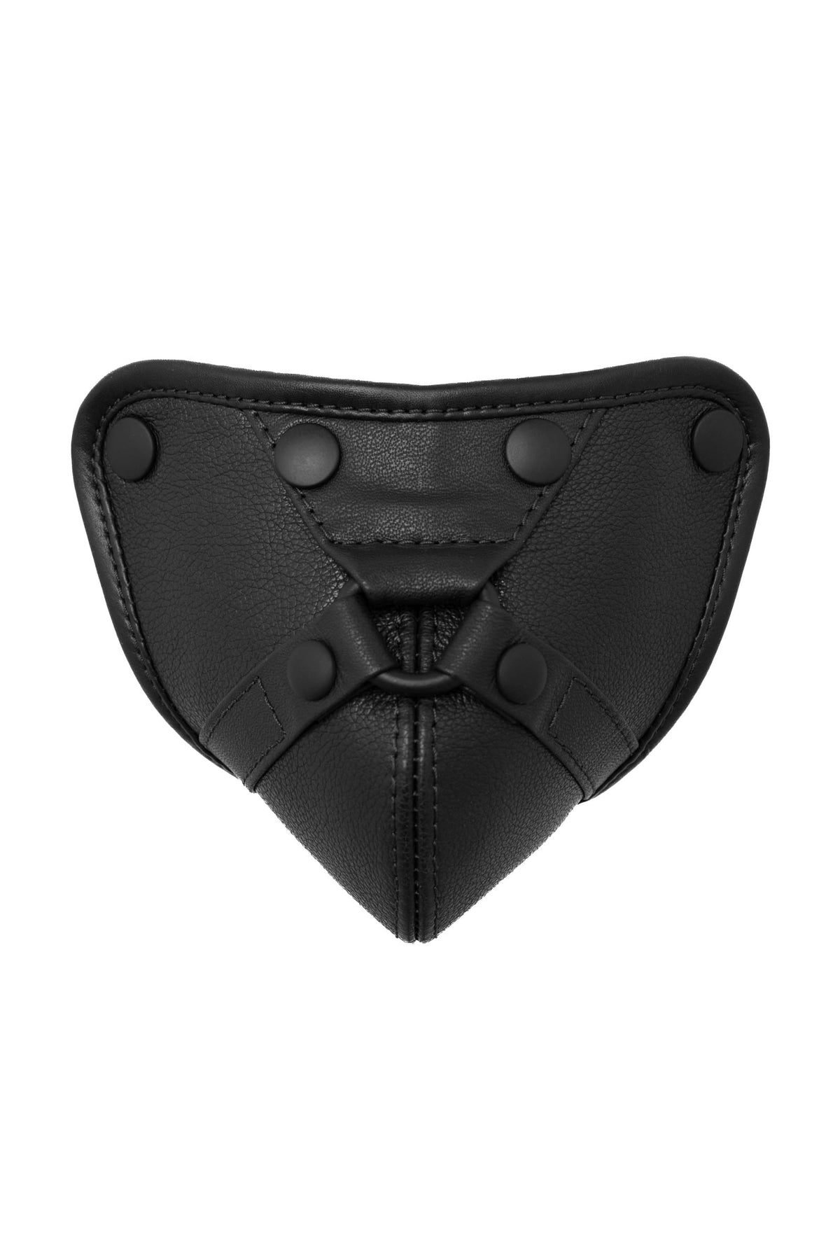 Front view of black codpiece with harness detail