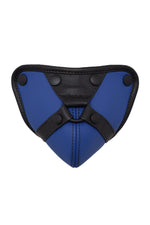 Black and blue leather codpiece with harness detail