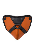Black and orange leather codpiece with harness detail