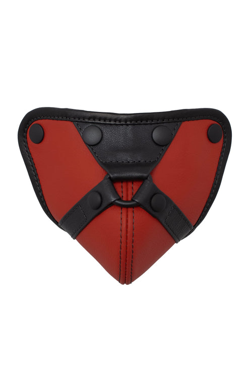 Black and red leather codpiece with harness detail