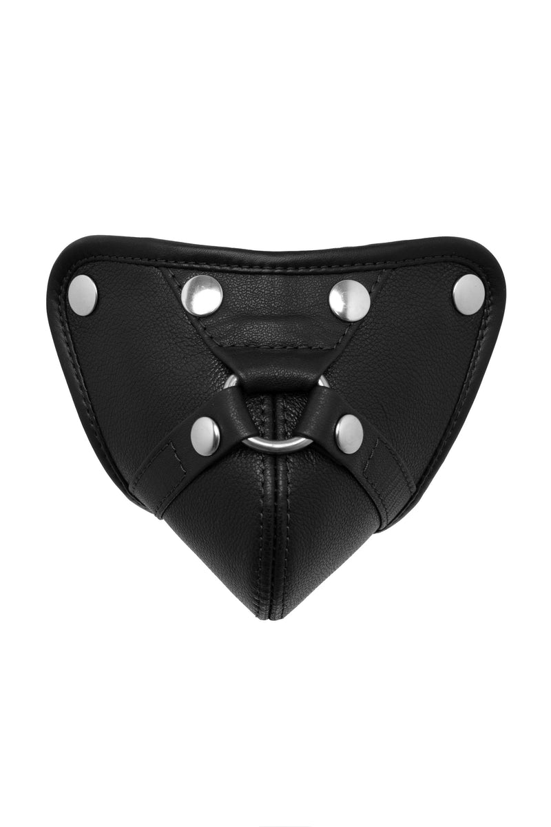 Black leather codpiece with stainless steel hardware and harness detail