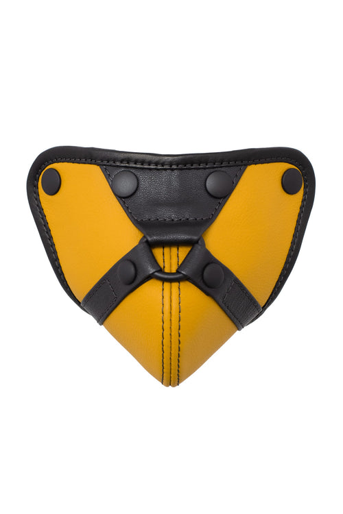 Black and yellow leather codpiece with harness detail