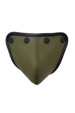 Army green leather codpiece with black leather trim and hardware