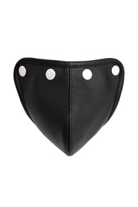 Front view of an Australian made ARMY OF MEN STANDARD CODPIECE - Stainless Steel with stainless steel hardware.