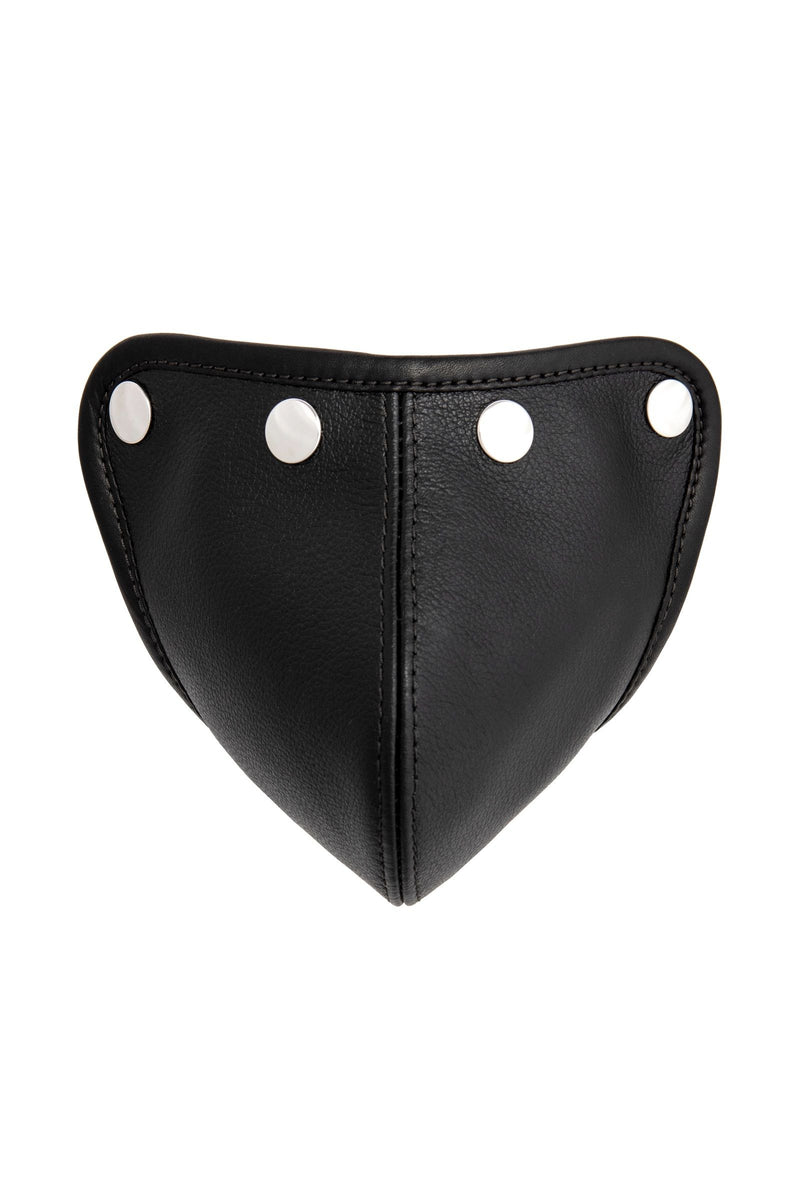 Front view of an Australian made ARMY OF MEN STANDARD CODPIECE - Stainless Steel with stainless steel hardware.
