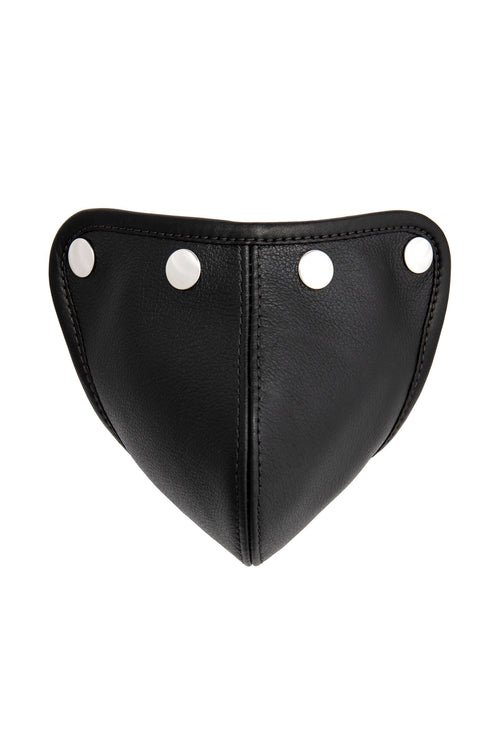 Front view of an Australian made ARMY OF MEN STANDARD CODPIECE - Stainless Steel with stainless steel hardware.