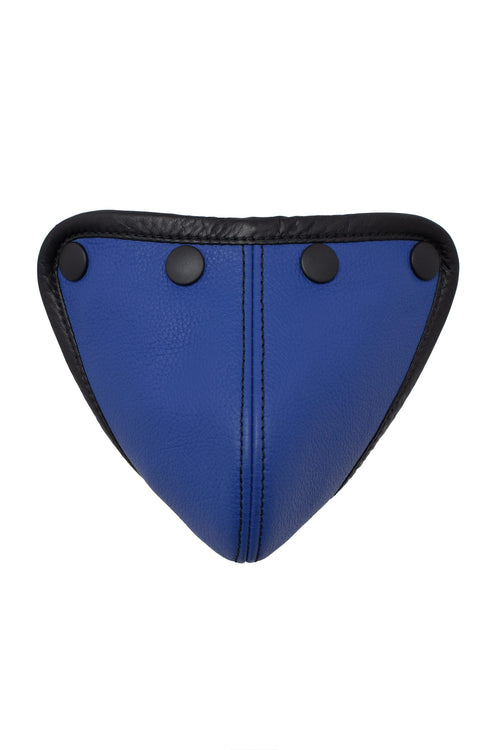 Blue leather codpiece with black leather trim and hardware
