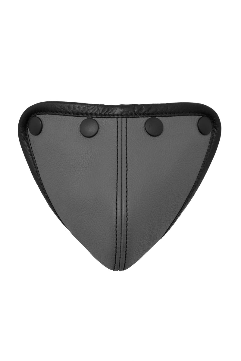 Grey leather codpiece with black leather trim and hardware