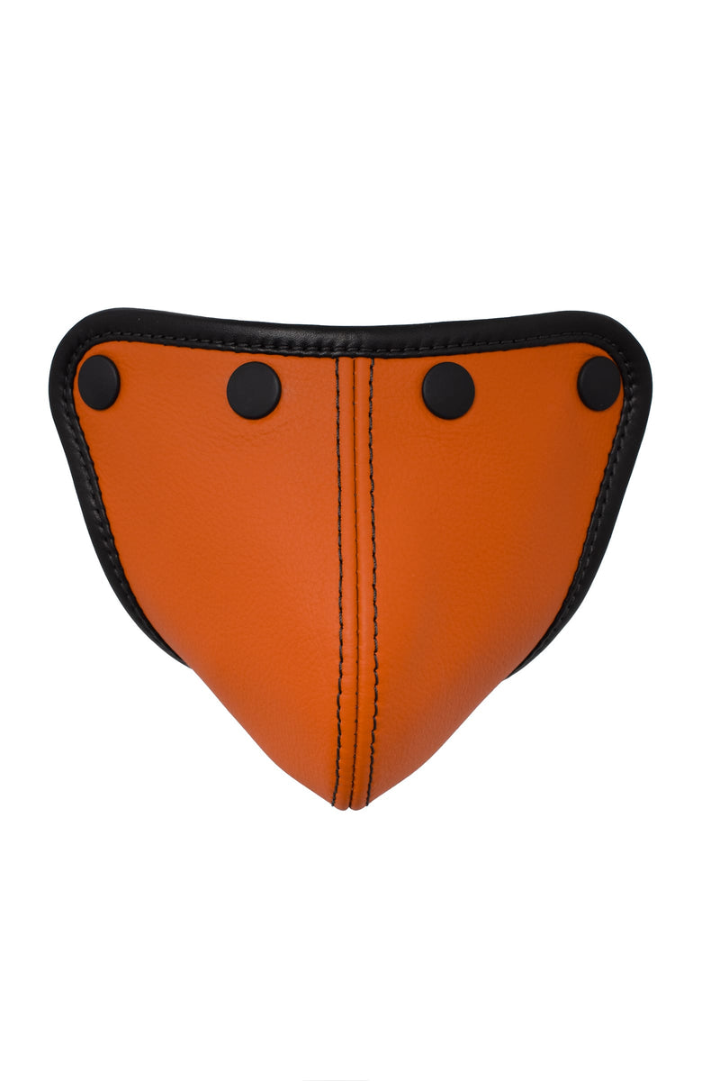 Orange leather codpiece with black leather trim and hardware