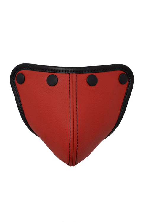 Red leather codpiece with black leather trim and hardware