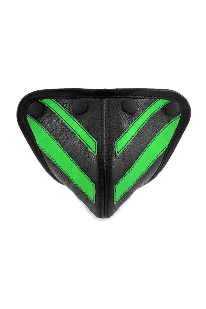 ARMY OF MEN Australian made FLURO STRIPE CODPIECE - Fluro Green with matte black snaps, captured from the front.