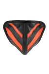 ARMY OF MEN handmade FLURO STRIPE CODPIECE - Fluro Orange with matte black snaps, viewed from the front.