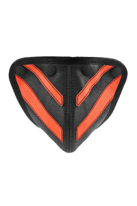 ARMY OF MEN handmade FLURO STRIPE CODPIECE - Fluro Orange with matte black snaps, viewed from the front.