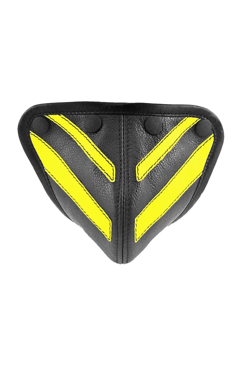 ARMY OF MEN handcrafted black and fluro yellow leather jockstrap codpiece with matte black snaps, viewed from the front.