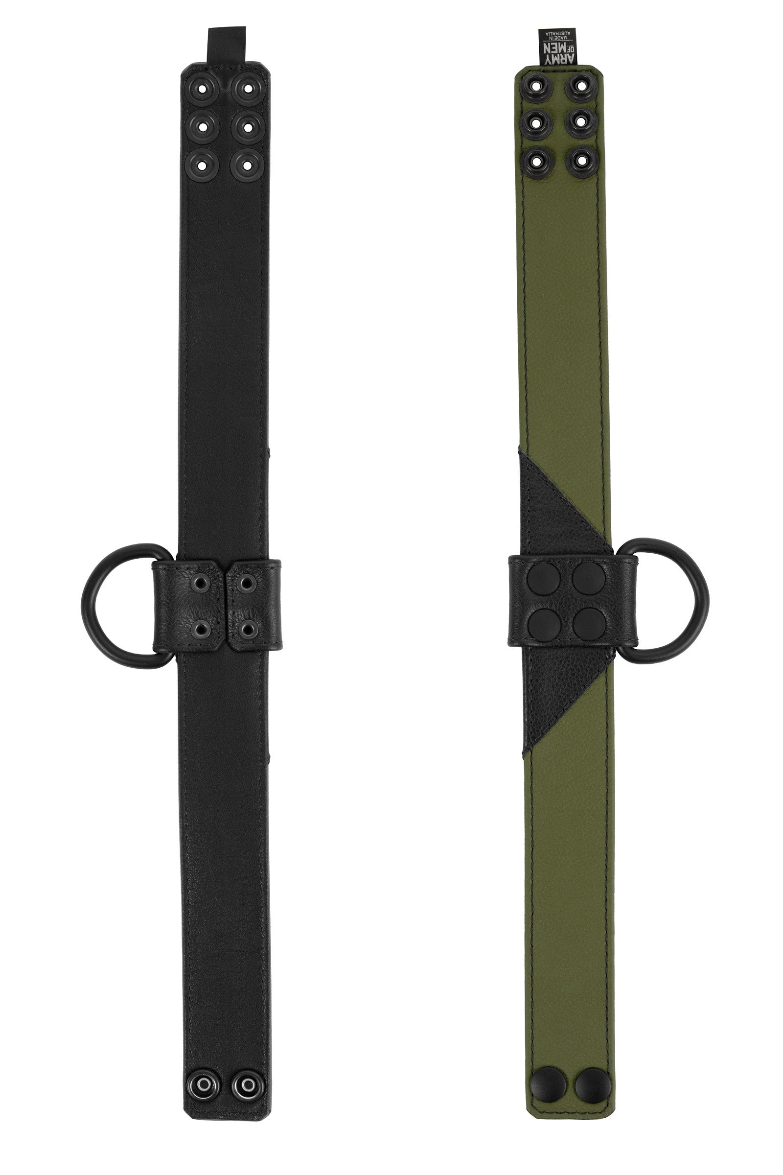 Displayed flat, two 1.5" wide ARMY OF MEN CHEVRON COLLAR - Army Green with matte black hardware, showing both sides.