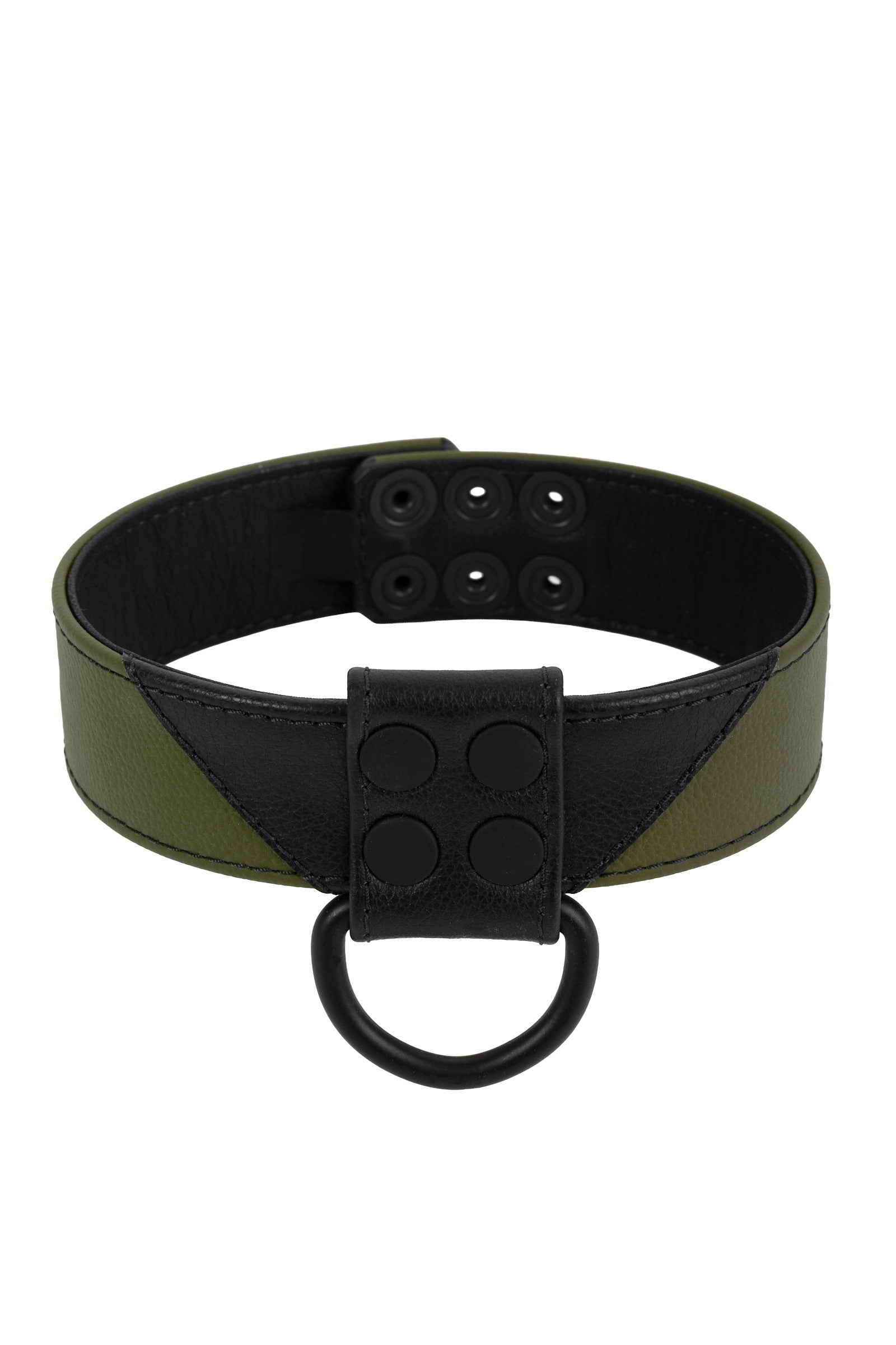 A 1.5" wide ARMY OF MEN black and army green leather collar, coiled to display matte black D-ring.