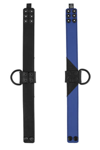 ARMY OF MEN 1.5" wide black and blue leather collars with black hardware, displayed flat showing both the front and lining.