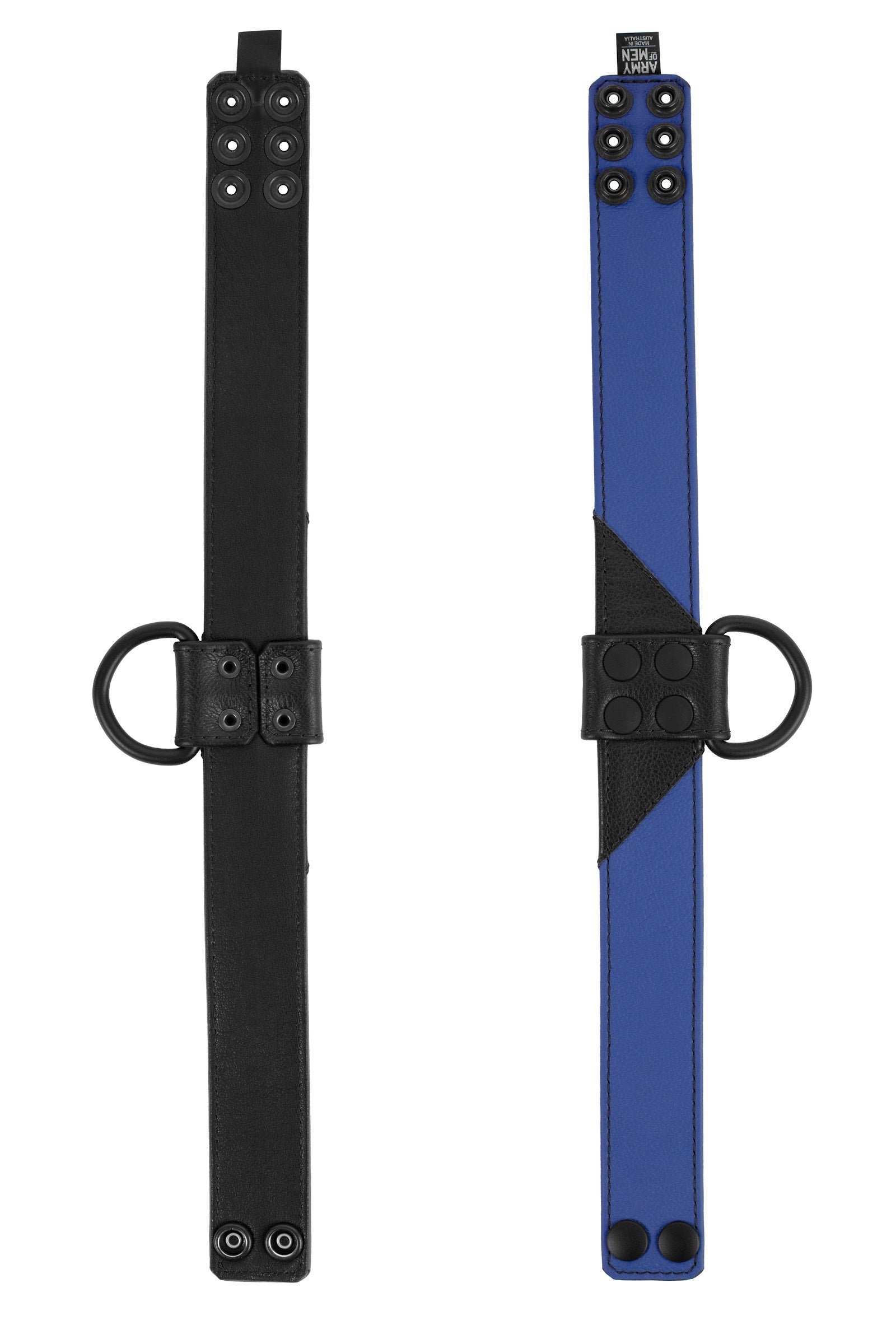 ARMY OF MEN 1.5" wide black and blue leather collars with black hardware, displayed flat showing both the front and lining.