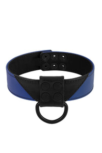 Australian-made 1.5" wide ARMY OF MEN black and blue leather collar, coiled with a matte black hardware.