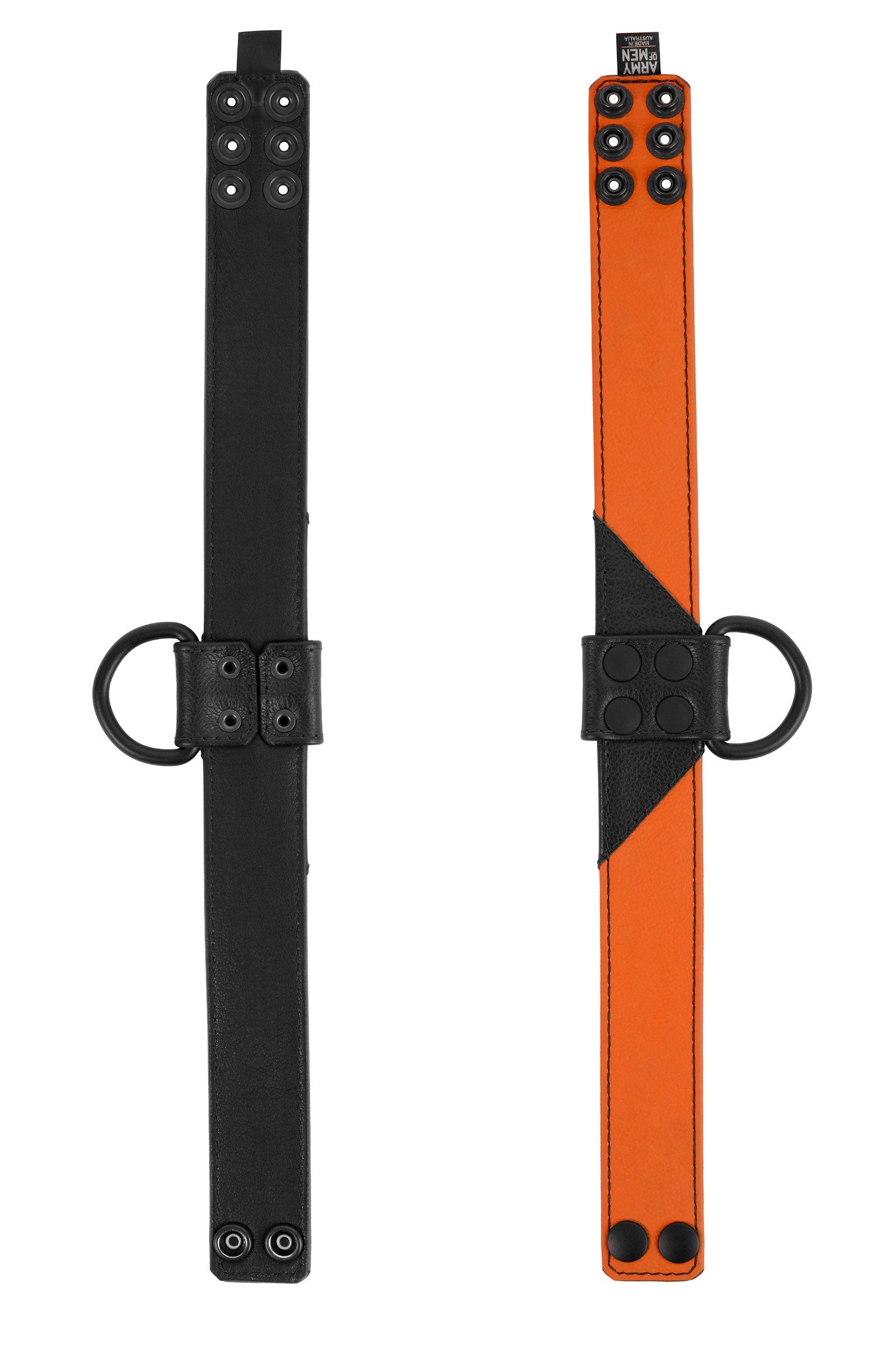 Two flat-laid 1.5" wide ARMY OF MEN CHEVRON COLLAR - Orange with matte black hardware shown face up and down.