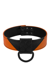 A 1.5" wide ARMY OF MEN CHEVRON COLLAR - Orange, coiled to display matte black D-ring.