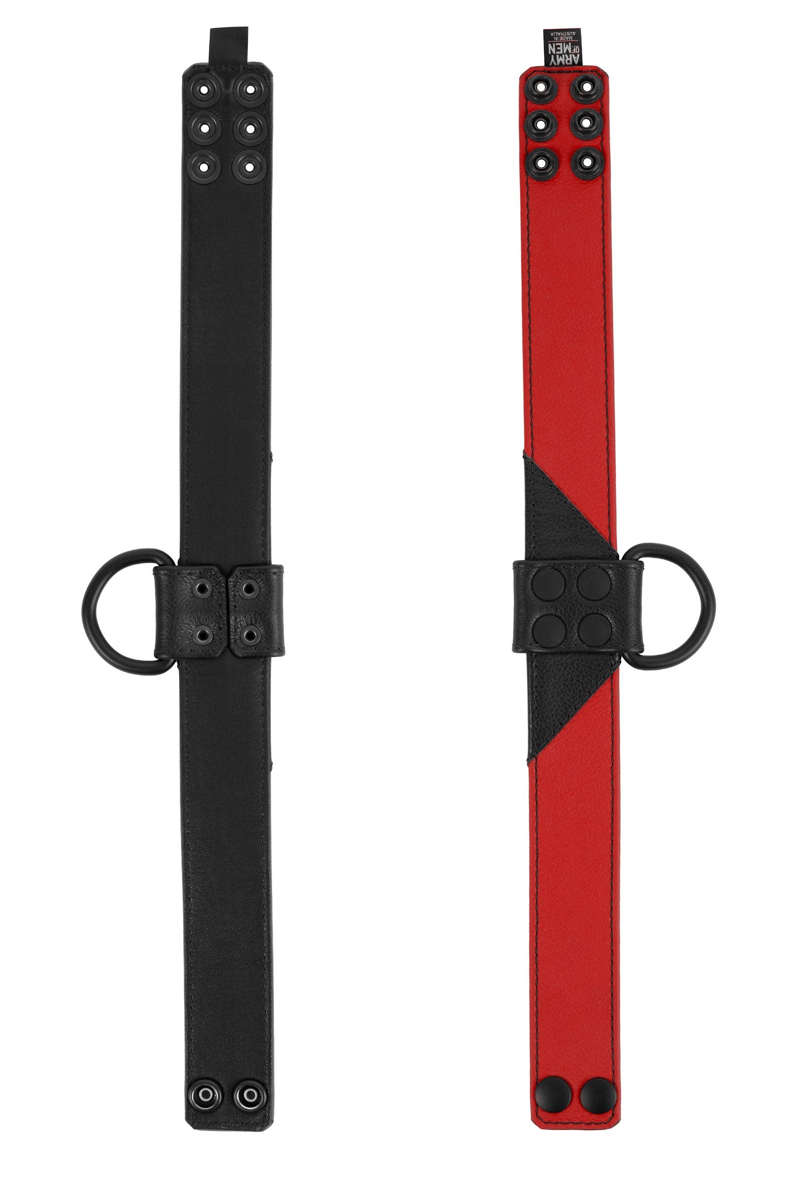 Two flat-laid 1.5" wide ARMY OF MEN black and red leather collars with black hardware, shown face up and down.