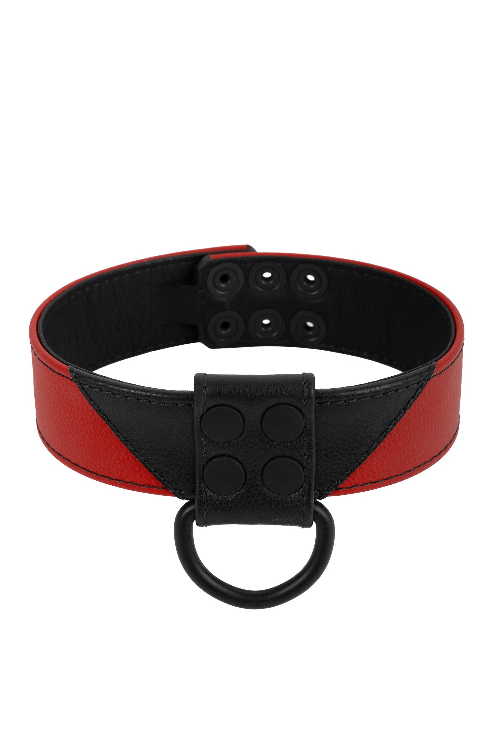 Australian-made 1.5" wide ARMY OF MEN CHEVRON COLLAR - Red, coiled with matte black rivets and D-ring.