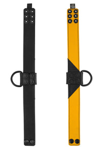 ARMY OF MEN 1.5" wide CHEVRON COLLAR - Yellow with matte black hardware, laid flat and showing both the front and back.