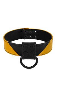ARMY OF MEN 1.5" wide black and yellow leather collar with a matte black D-ring, in a coil.