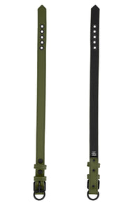 Displayed flat, two 1" wide ARMY OF MEN CLASSIC COLLAR NARROW - Army Green with matte black hardware, showing both sides.