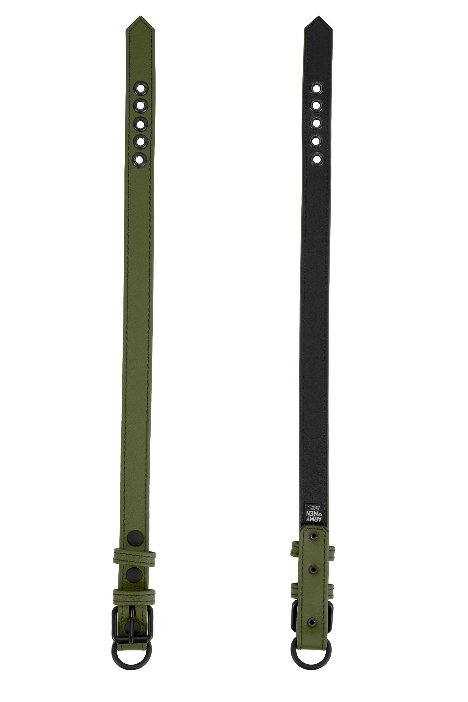 Displayed flat, two 1" wide ARMY OF MEN CLASSIC COLLAR NARROW - Army Green with matte black hardware, showing both sides.