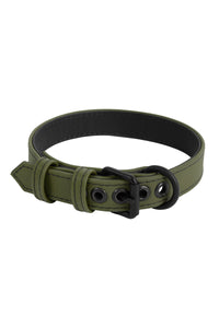 Coiled 1" wide ARMY OF MEN CLASSIC COLLAR NARROW - Army Green with matte black buckle and D-ring.