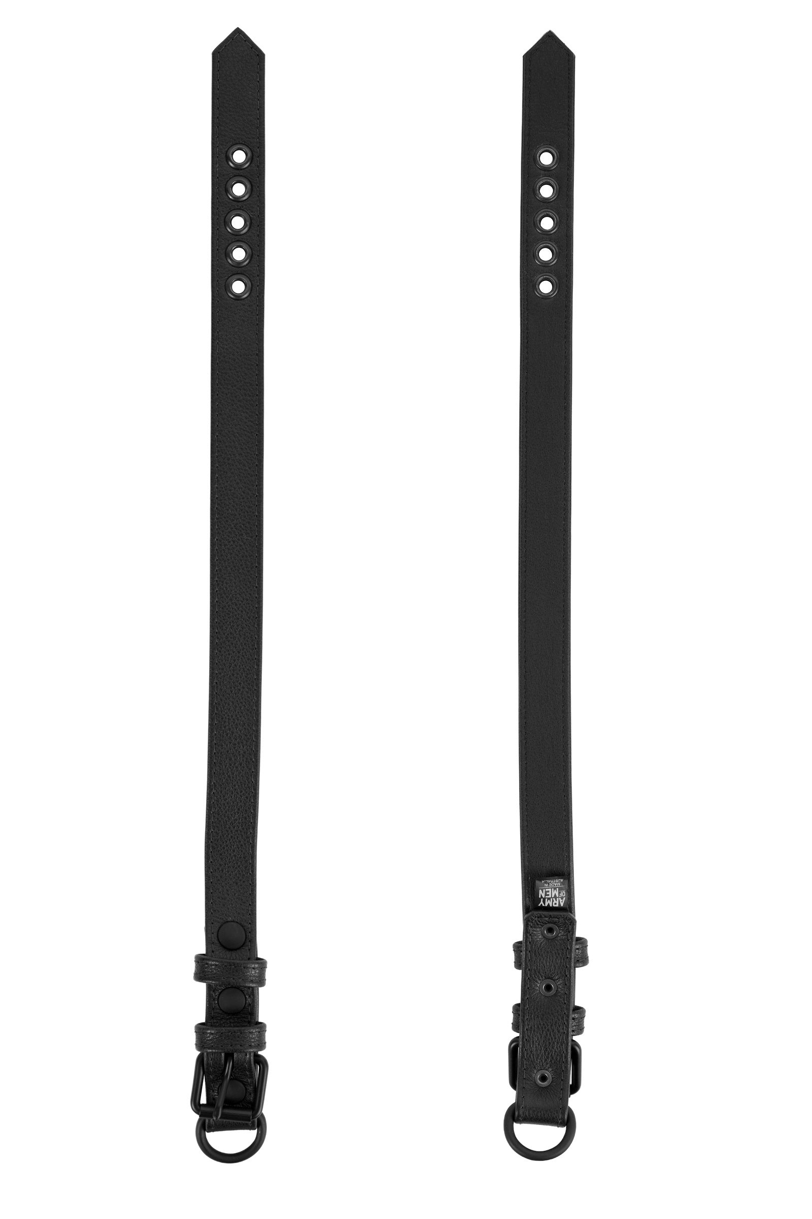 Flat-laid, two 1" wide ARMY OF MEN CLASSIC COLLAR NARROW - Black with matte black hardware shown face up and down.