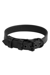 A 1" wide ARMY OF MEN CLASSIC COLLAR NARROW - Black, coiled to display matte black hardware.