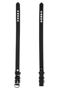 A 1" wide black leather CLASSIC COLLAR NARROW with stainless hardware, flat-laid showing both front and back.