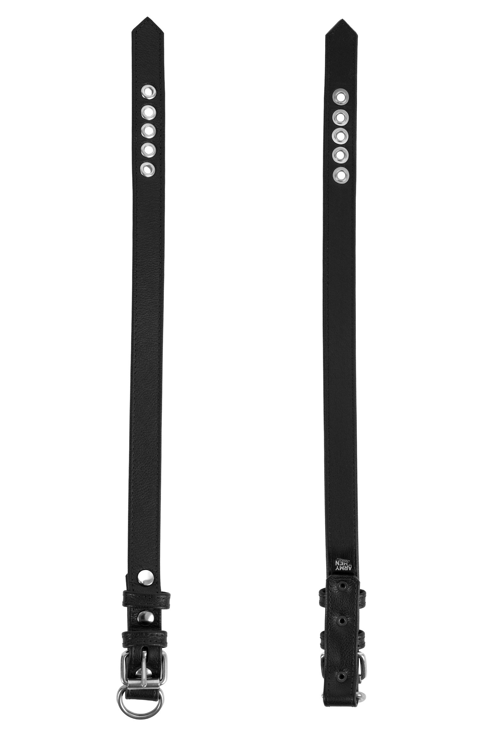 A 1" wide black leather CLASSIC COLLAR NARROW with stainless hardware, flat-laid showing both front and back.