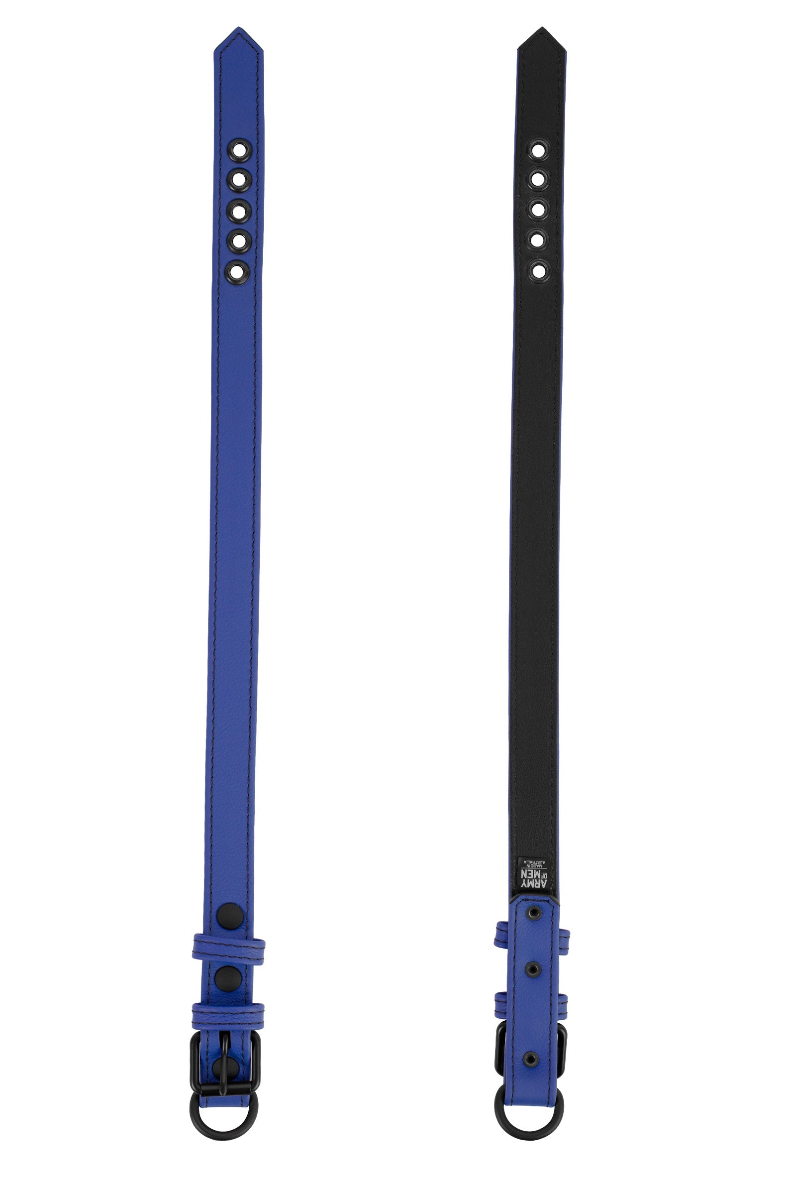 ARMY OF MEN 1" wide blue leather collars with black hardware, displayed flat showing both the front and lining.