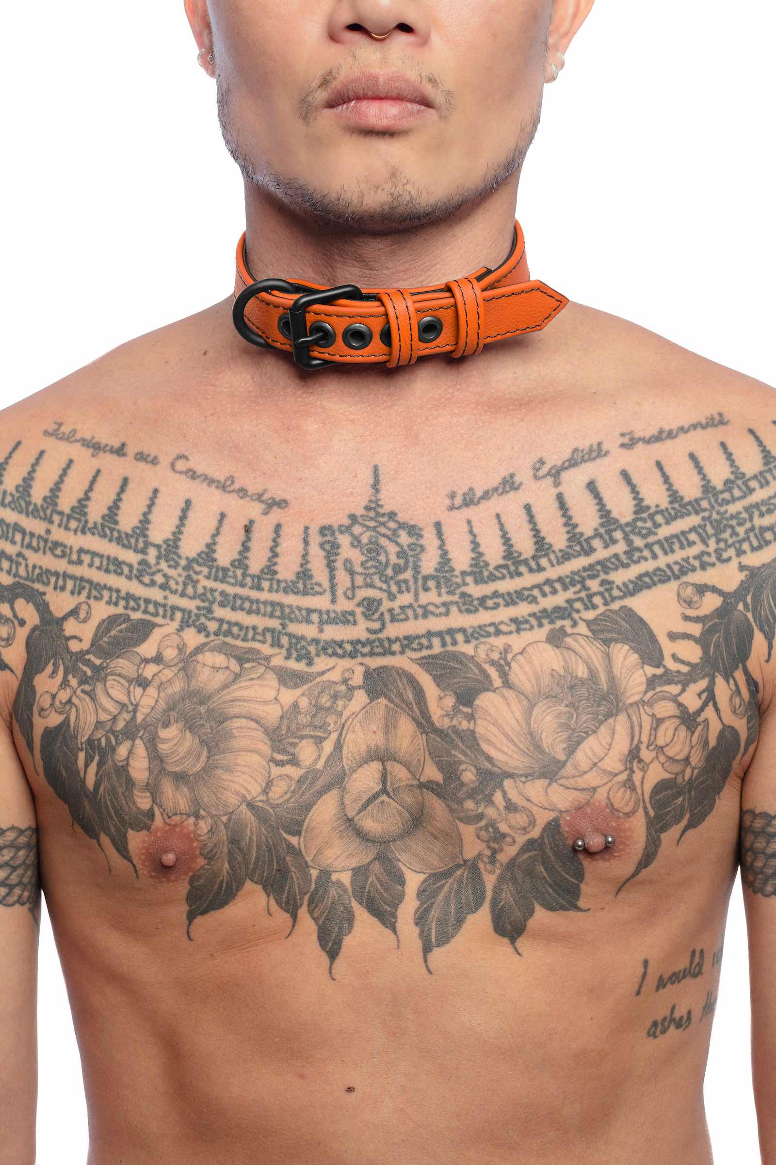 A 1" wide ARMY OF MEN CLASSIC COLLAR NARROW - Orange with matte black hardware, worn by an Asian model.