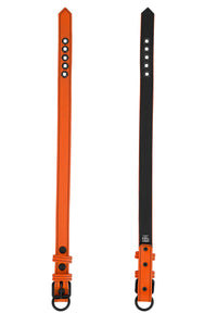 Two flat-laid 1" wide ARMY OF MEN CLASSIC COLLAR NARROW - Orange with matte black hardware shown face up and down.