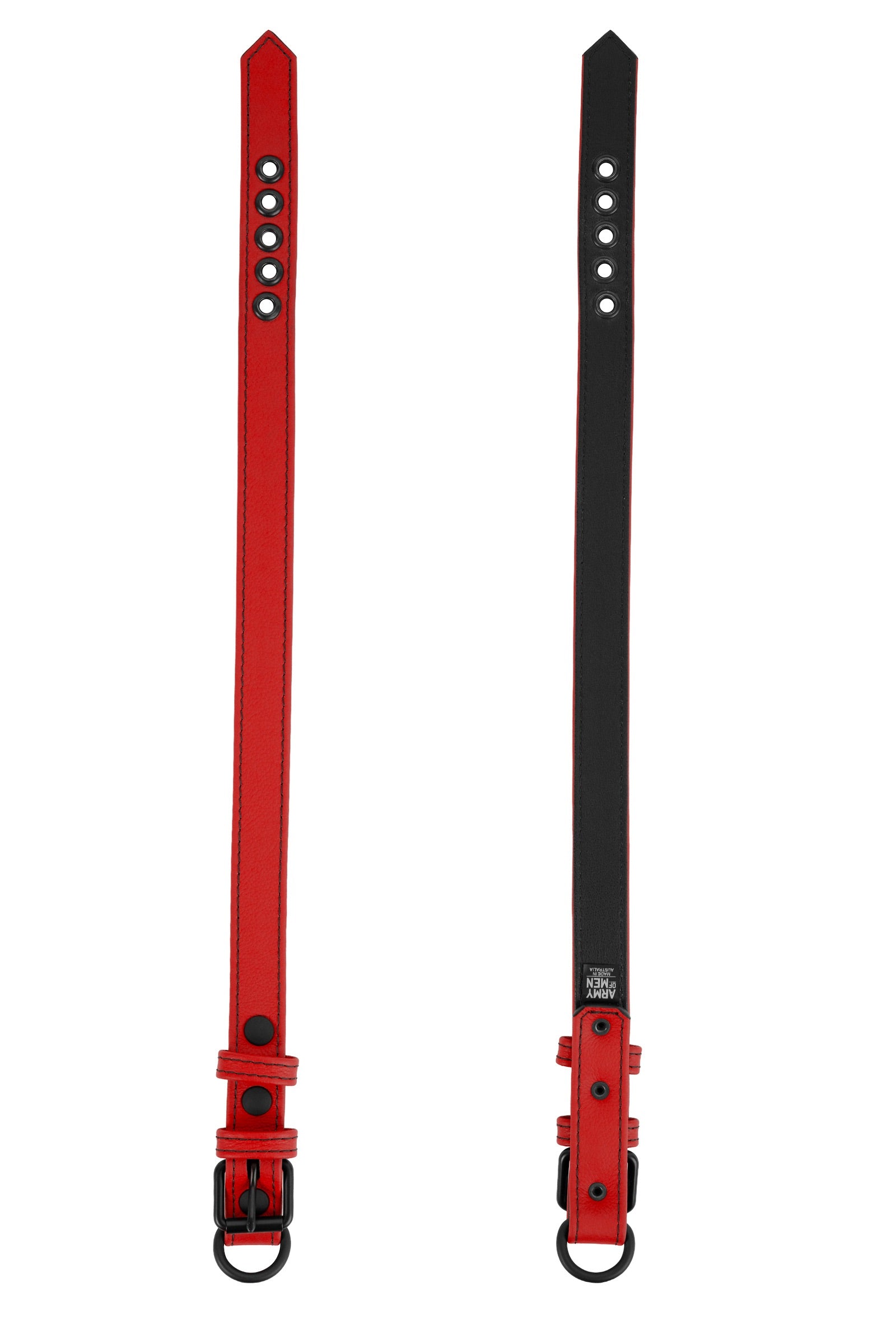 Two flat-laid 1" wide ARMY OF MEN red leather collars with black hardware and buckles, shown face up and down.