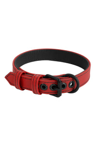 A 1" wide ARMY OF MEN red leather collar, coiled to display matte black hardware.