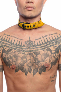 A fit male model wearing a 1" wide ARMY OF MEN CLASSIC COLLAR NARROW - Yellow with matte black buckle and D-ring.